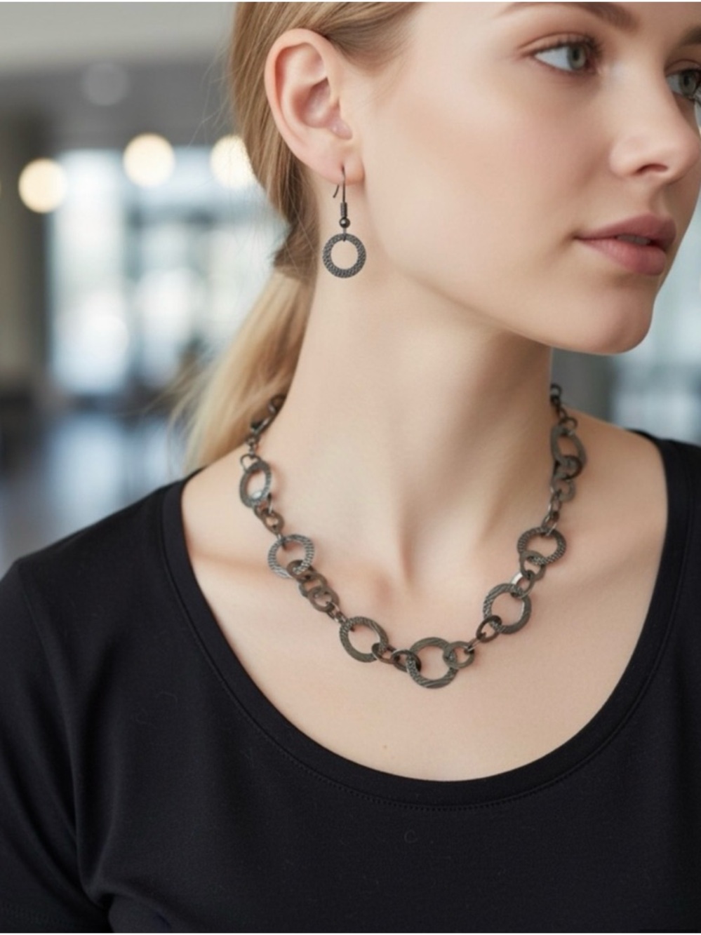 Dark Gunmetal Linked Circle Necklace and Earrings Set - Women Jewelry